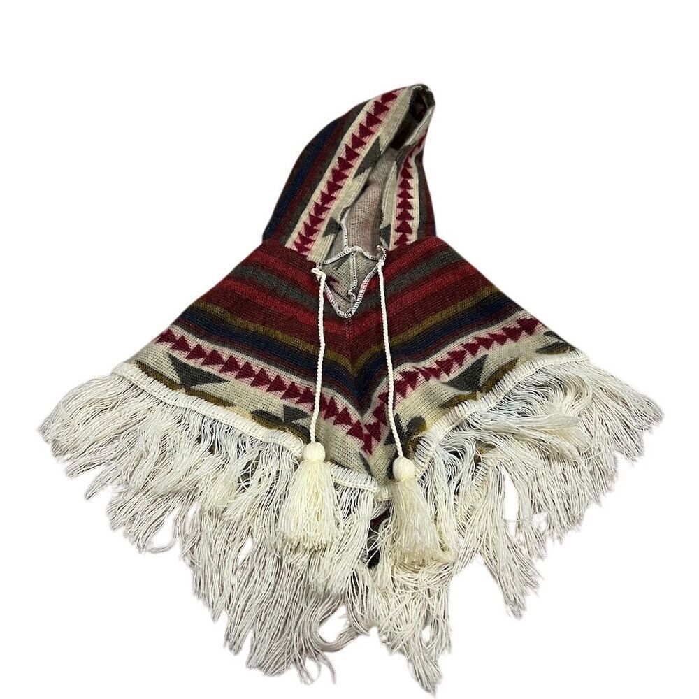 Boho Fringe Hooded Poncho Multicolor Aztec Kids One Size Winter